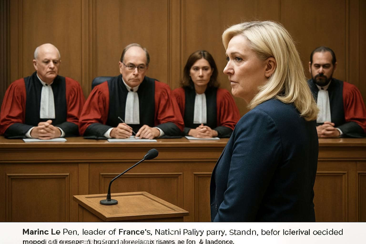 Marine Le Pen in a courtroom facing judges during a trial