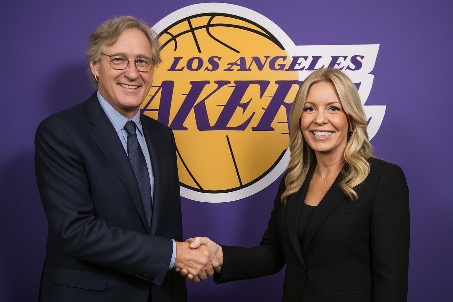 Mark Walter shaking hands with Jeanie Buss in front of Lakers logo