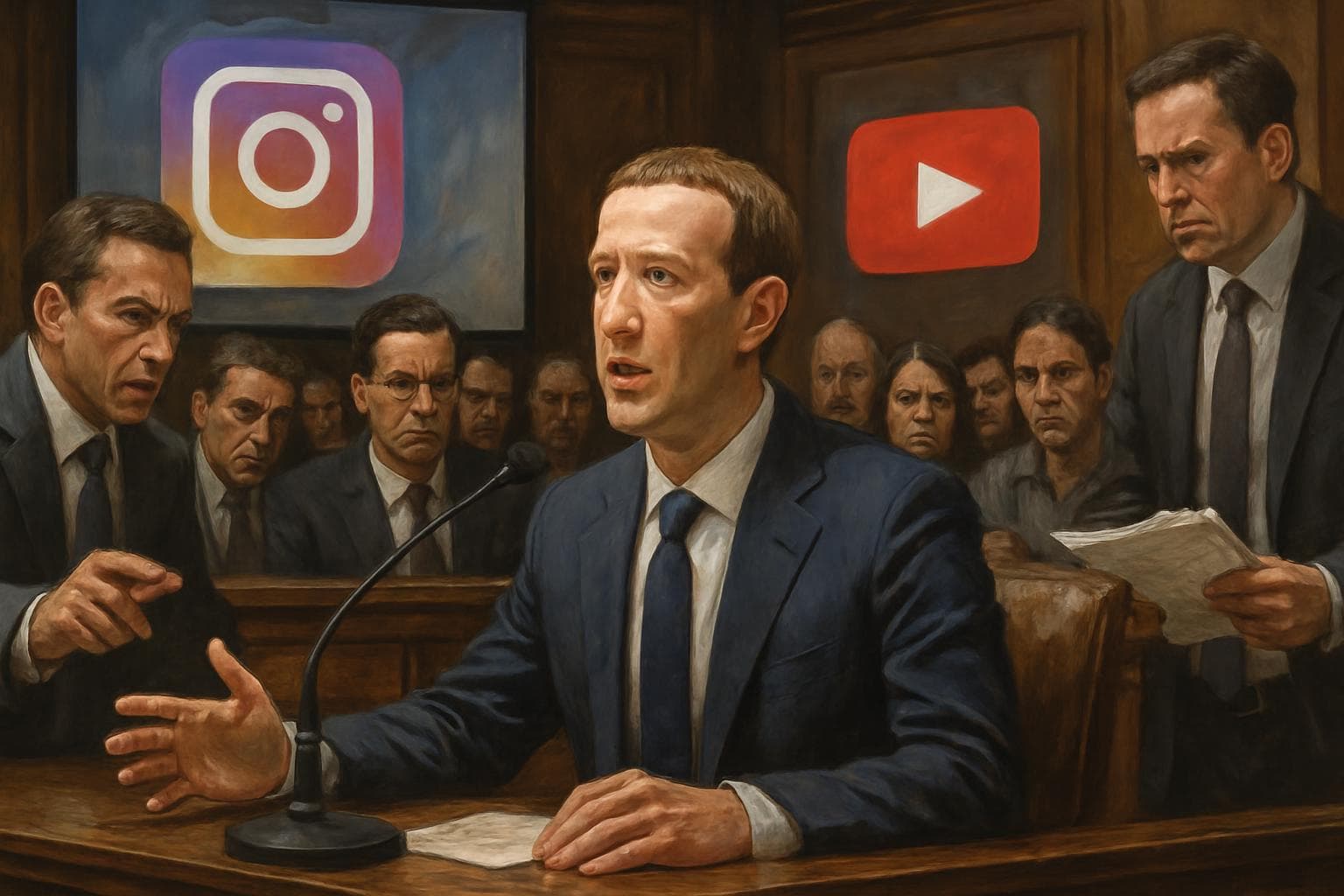 Mark Zuckerberg testifying in a courtroom with jurors and attorneys