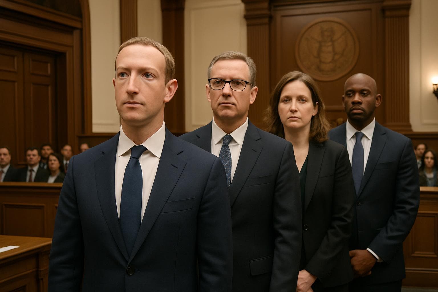 Mark Zuckerberg and Meta executives in a courtroom
