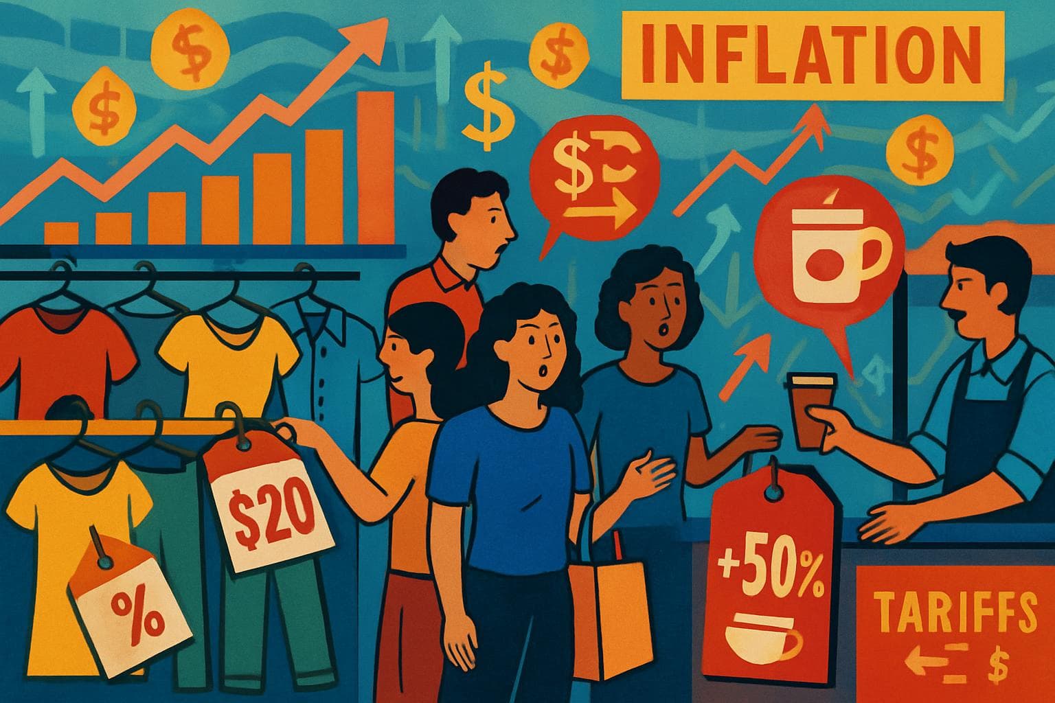 Marketplace scene with high price tags and economic symbols