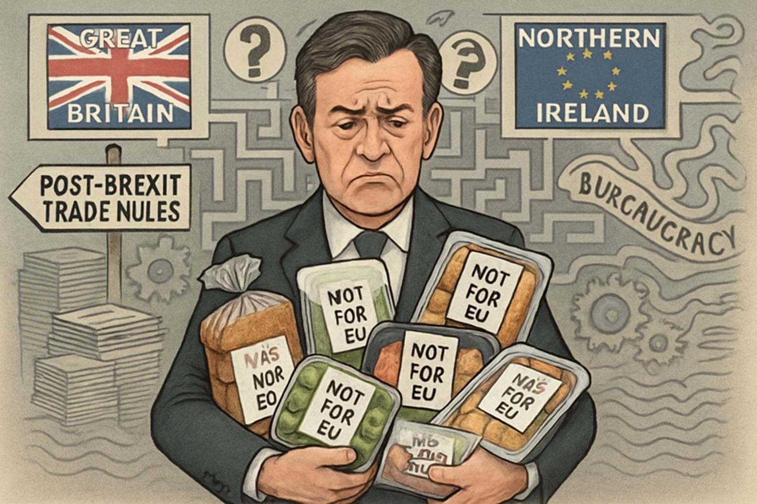 Marks & Spencer CEO holding products labeled 'Not for EU'