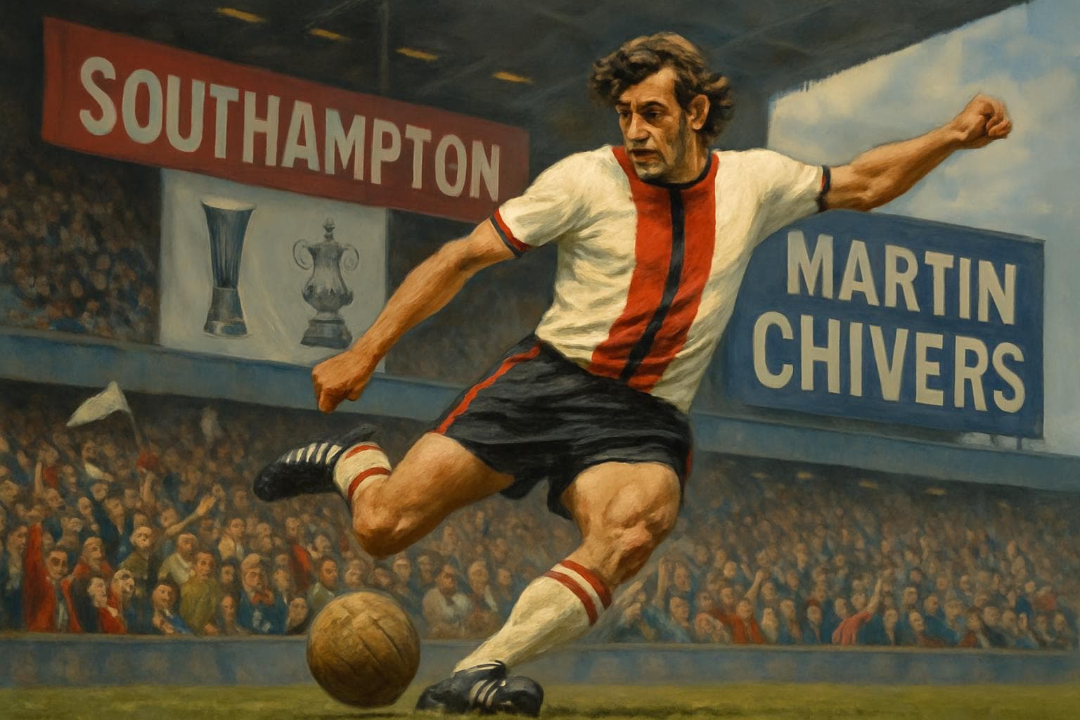 Martin Chivers in action at a football stadium with cheering fans.