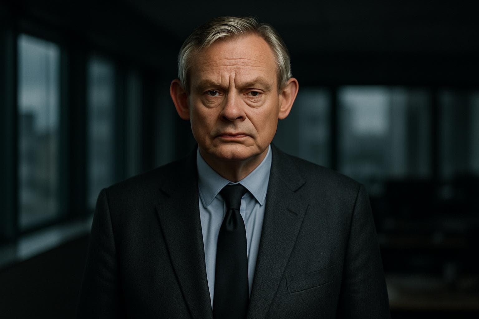 Martin Clunes as a newsreader in a somber setting