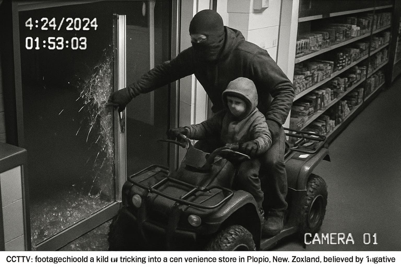 Masked man and child on quad bike in convenience store