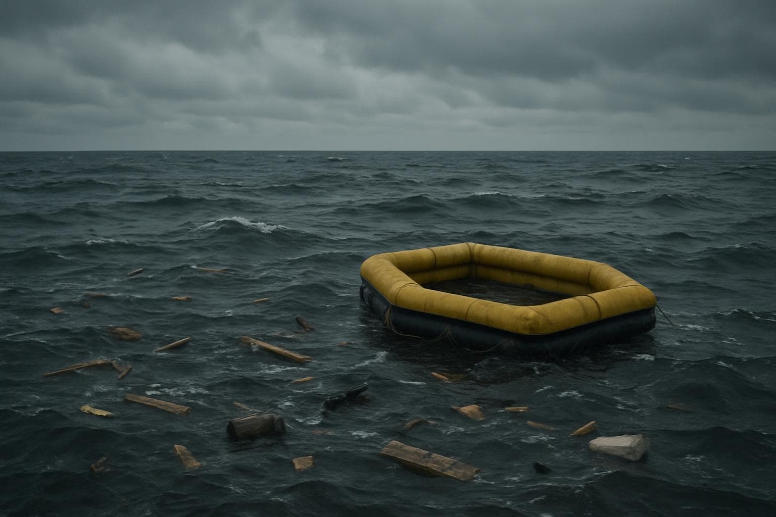 Empty life raft and debris on choppy Massachusetts waters