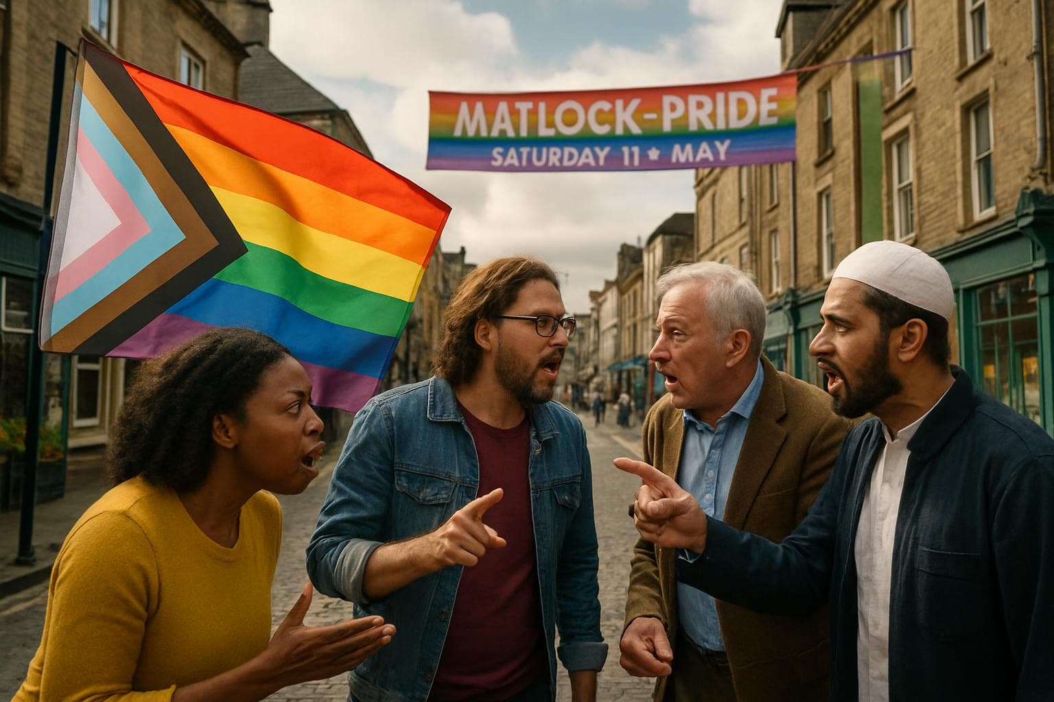 Diverse community members debating on a Matlock street with a Pride flag.