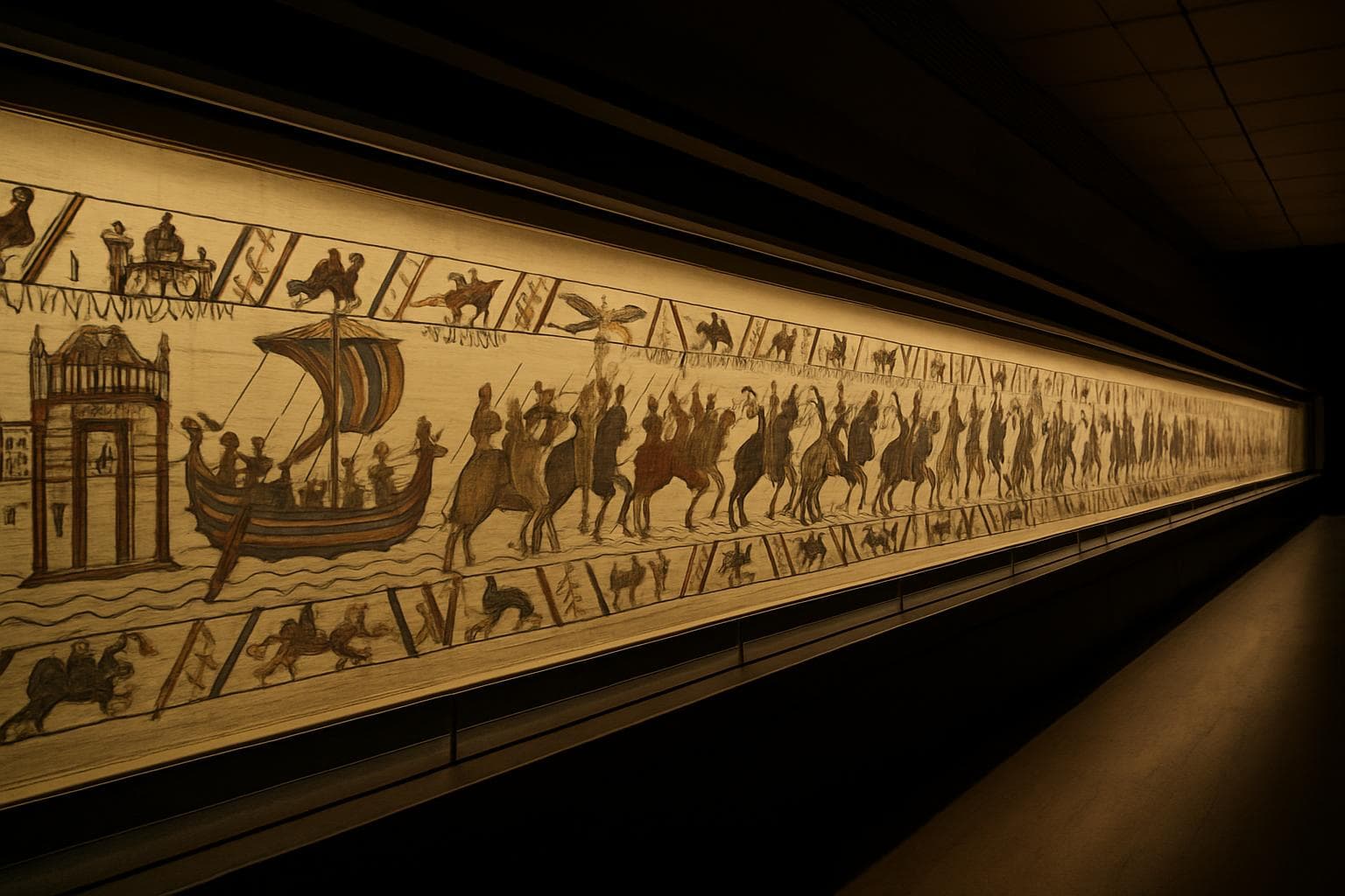 Medieval tapestry depicting the Norman conquest on display