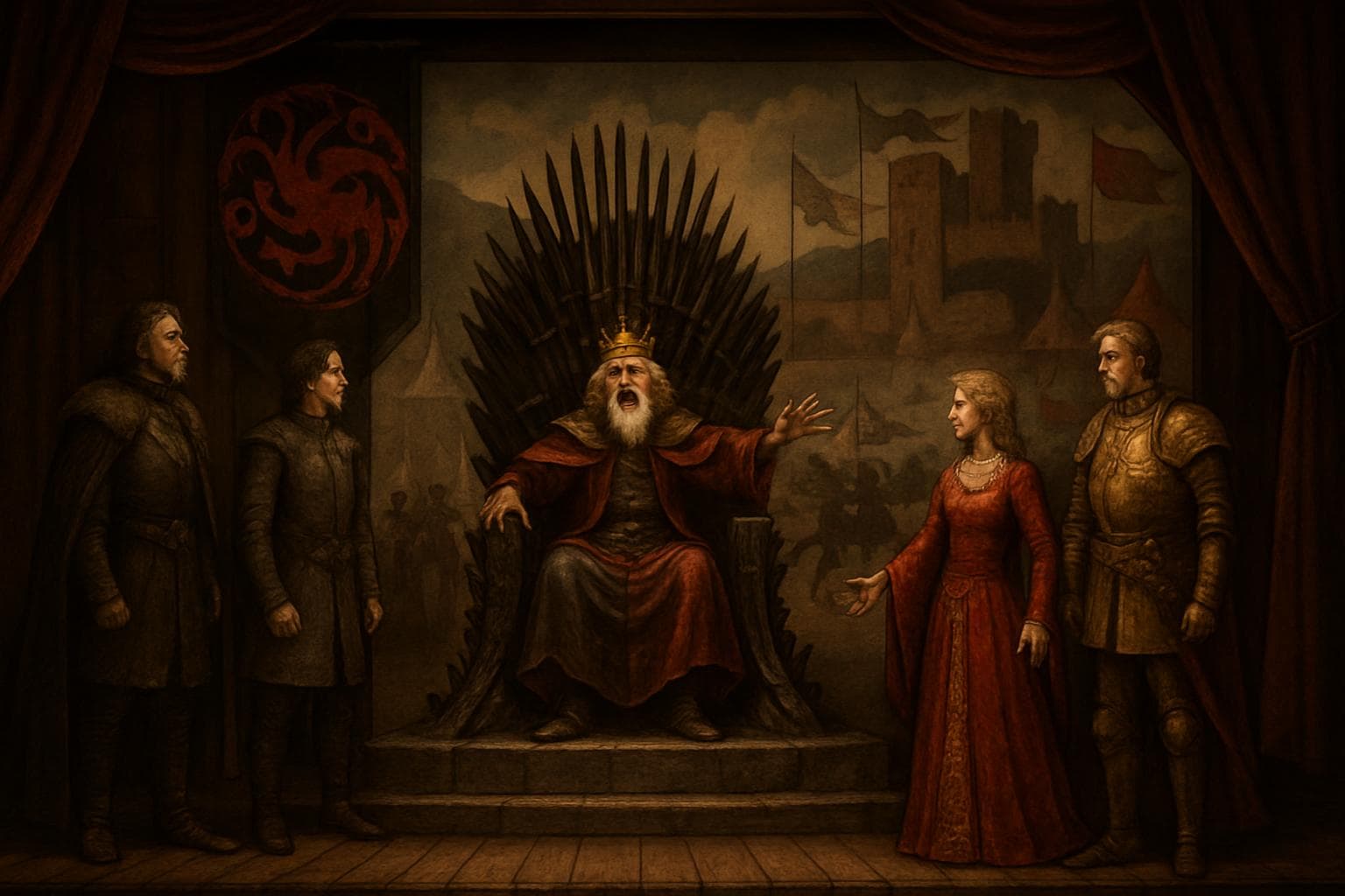 Medieval stage with Mad King on throne and noble houses