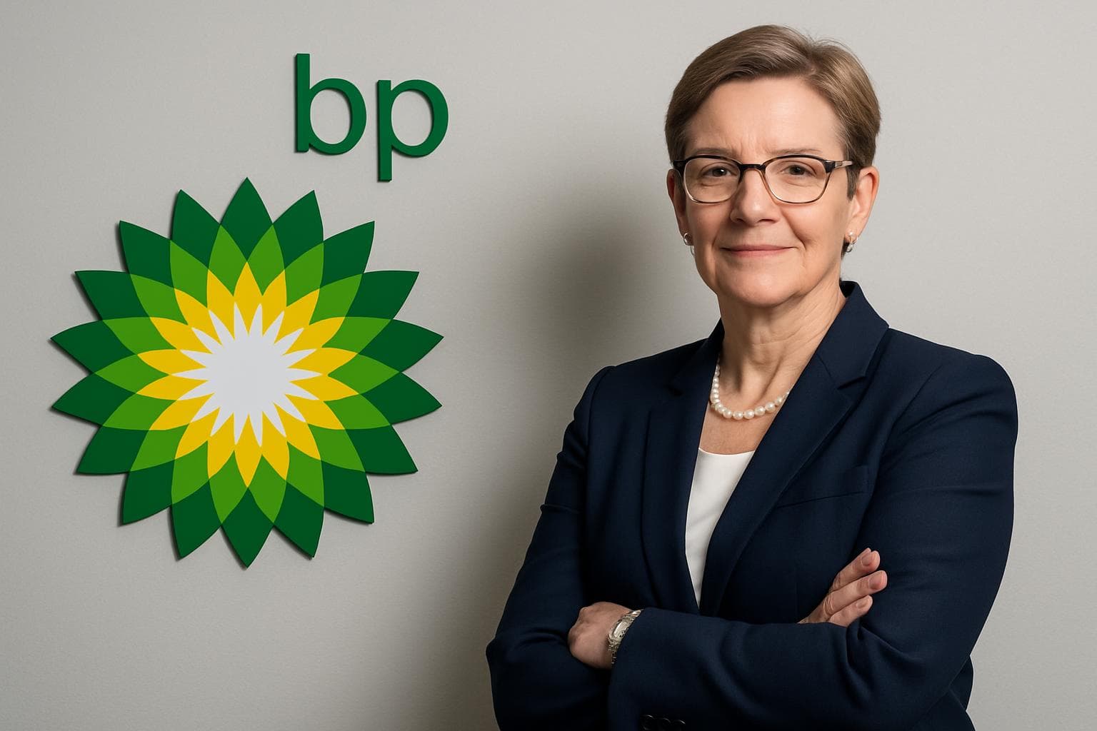 Meg O'Neill standing beside BP logo