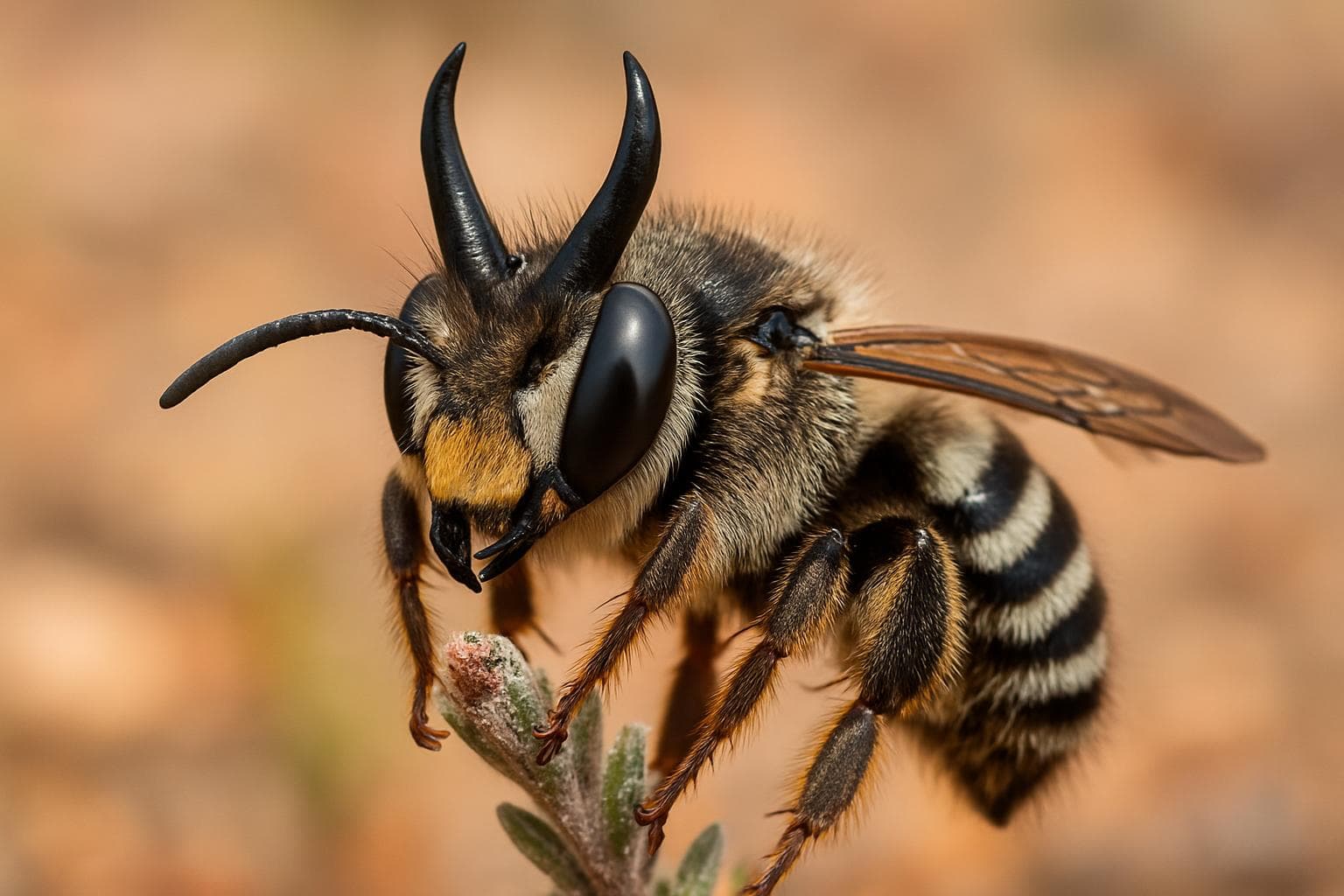 Megachile lucifer bee with devil-like horns on a plant