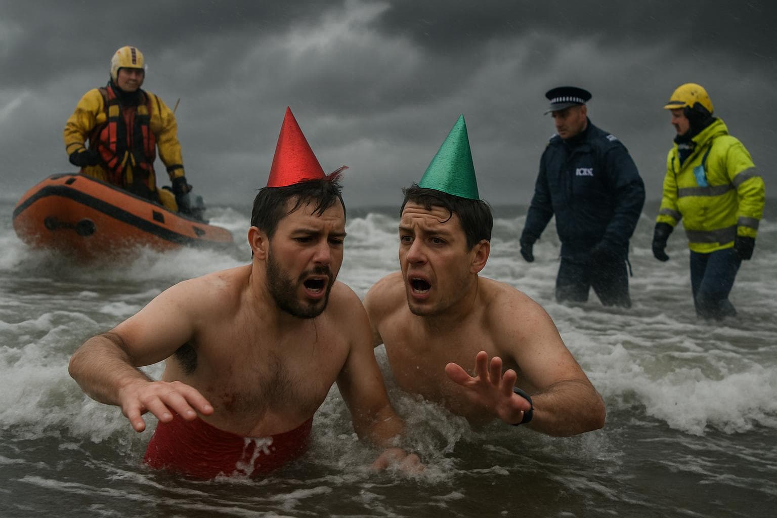 Two men in distress during a festive swim off Devon coast
