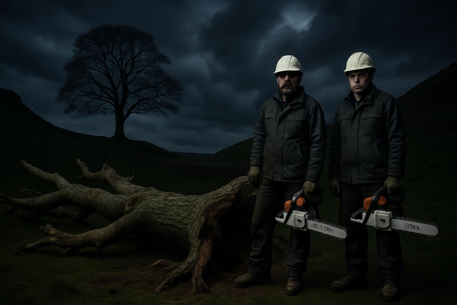Two men in hard hats with chainsaws near a fallen sycamore tree.