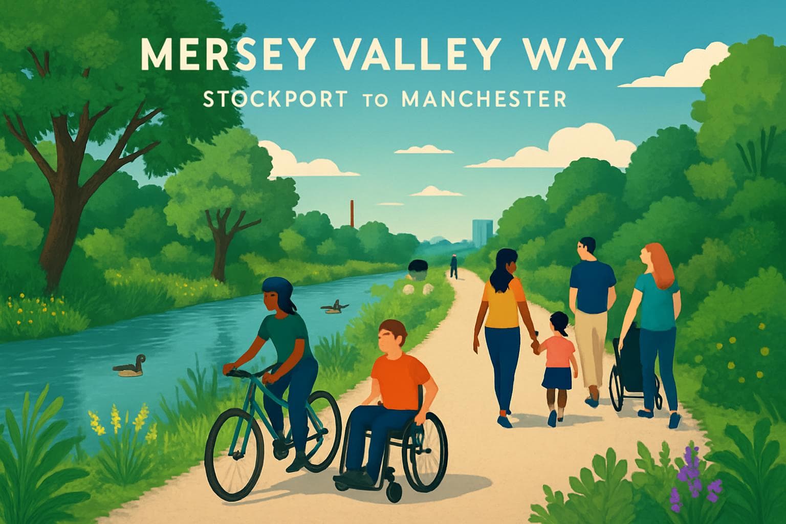 People enjoying Mersey Valley Way river walk with cyclists and families
