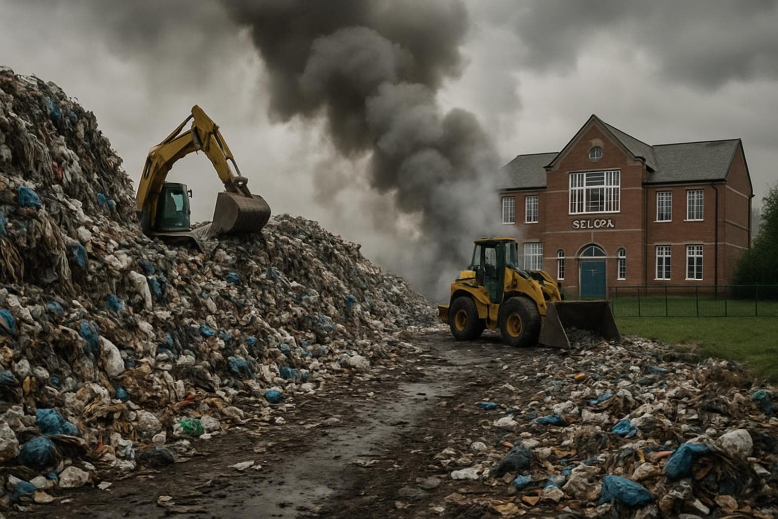 Rubbish piles and machinery in Merseyside near a school