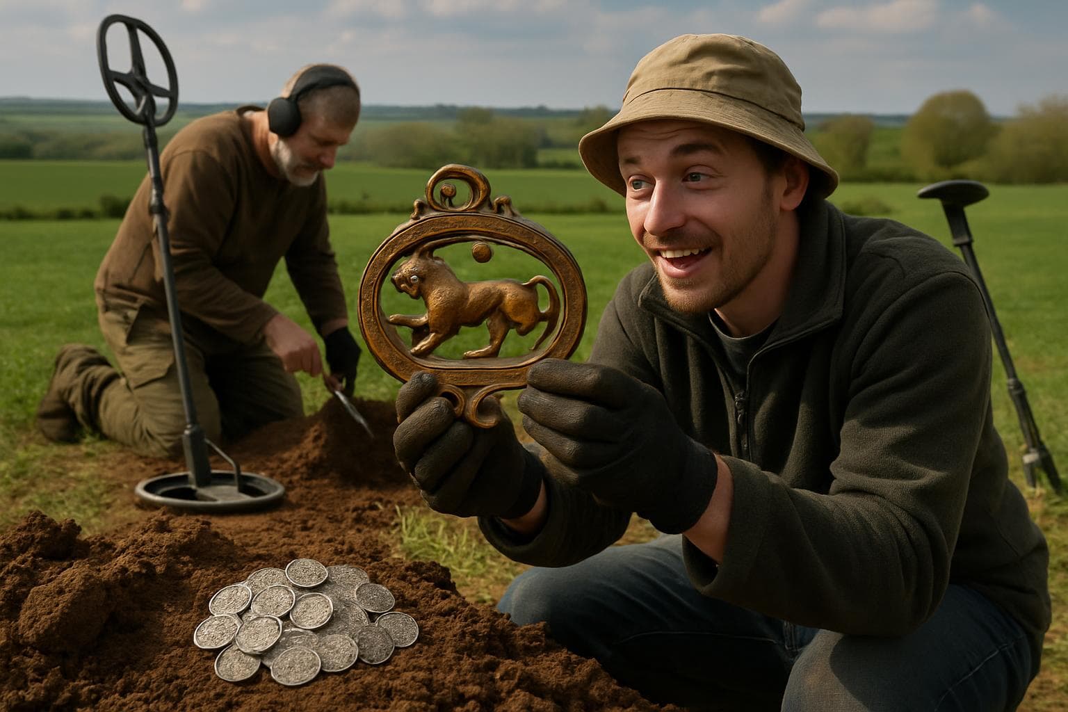 Metal detectorists finding Roman artifact and silver coins