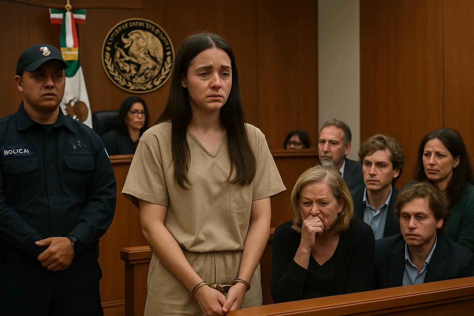Mexican court scene with a woman being sentenced