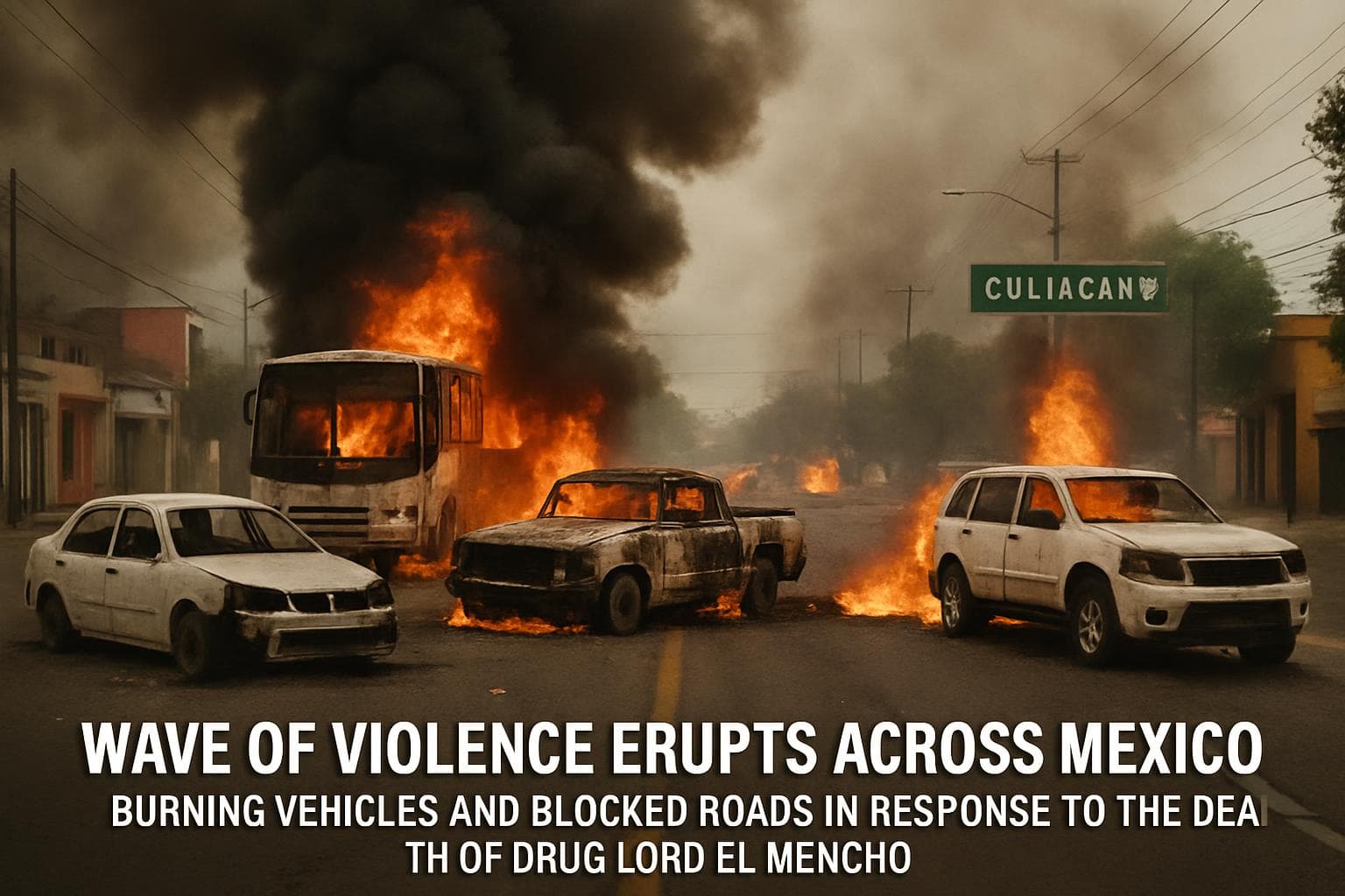 Burning vehicles and blocked roads in Mexico