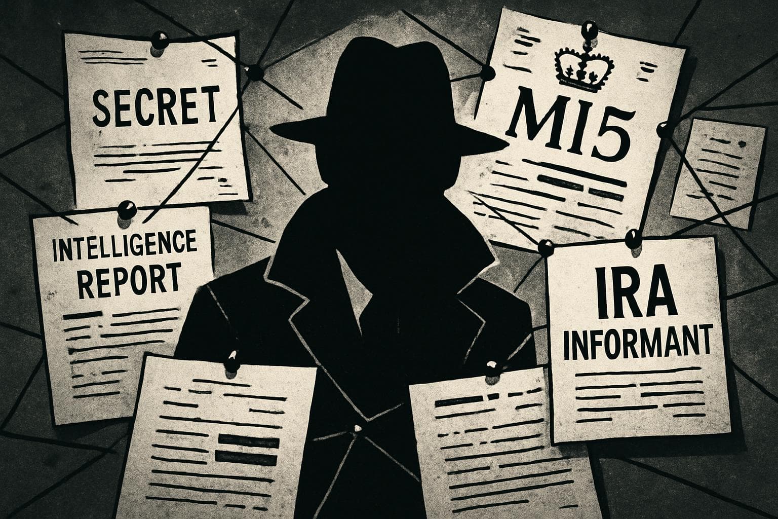 Shadowy figure with documents representing MI5 and IRA informant