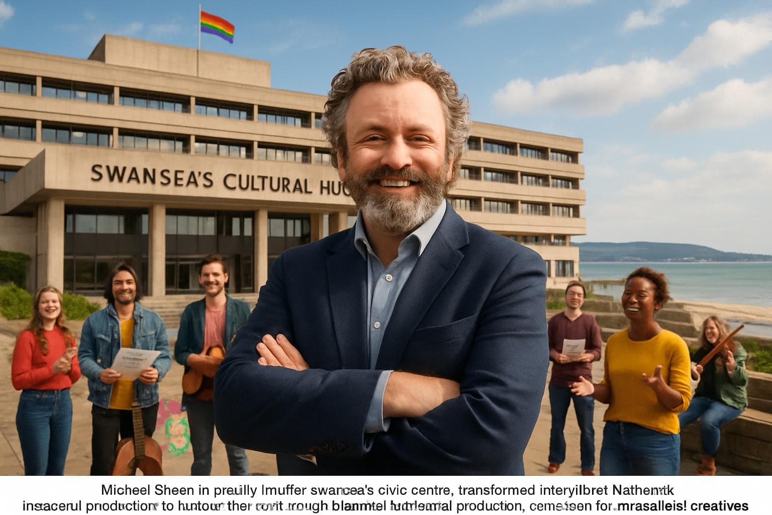 Michael Sheen in front of Swansea civic centre with artists