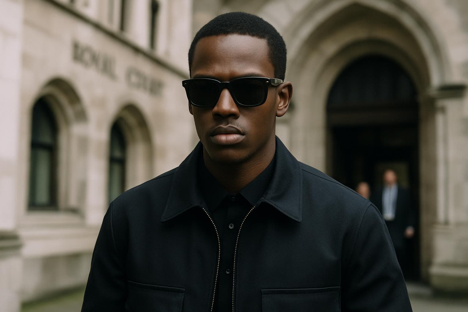 Micheal Ward in dark glasses and black jacket at London court