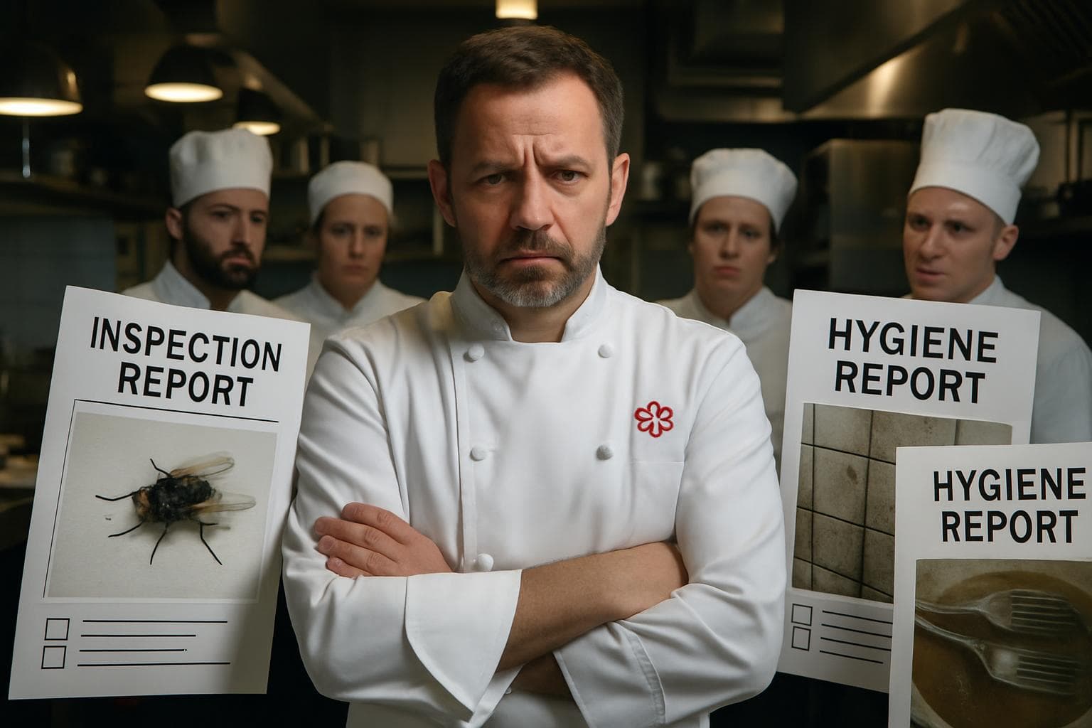 Chef in restaurant kitchen with hygiene inspection reports