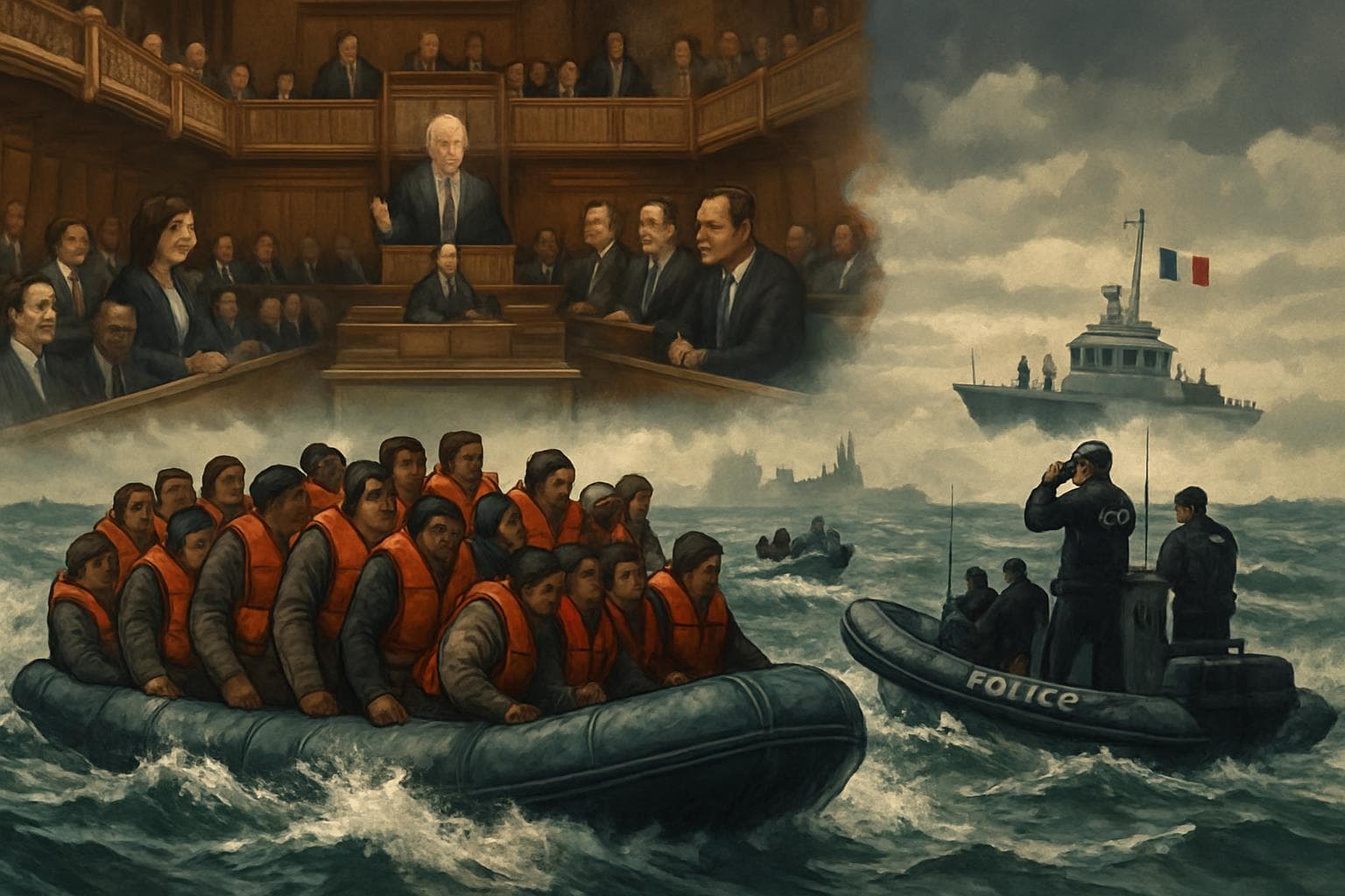 Small boats with migrants in rough Channel waters