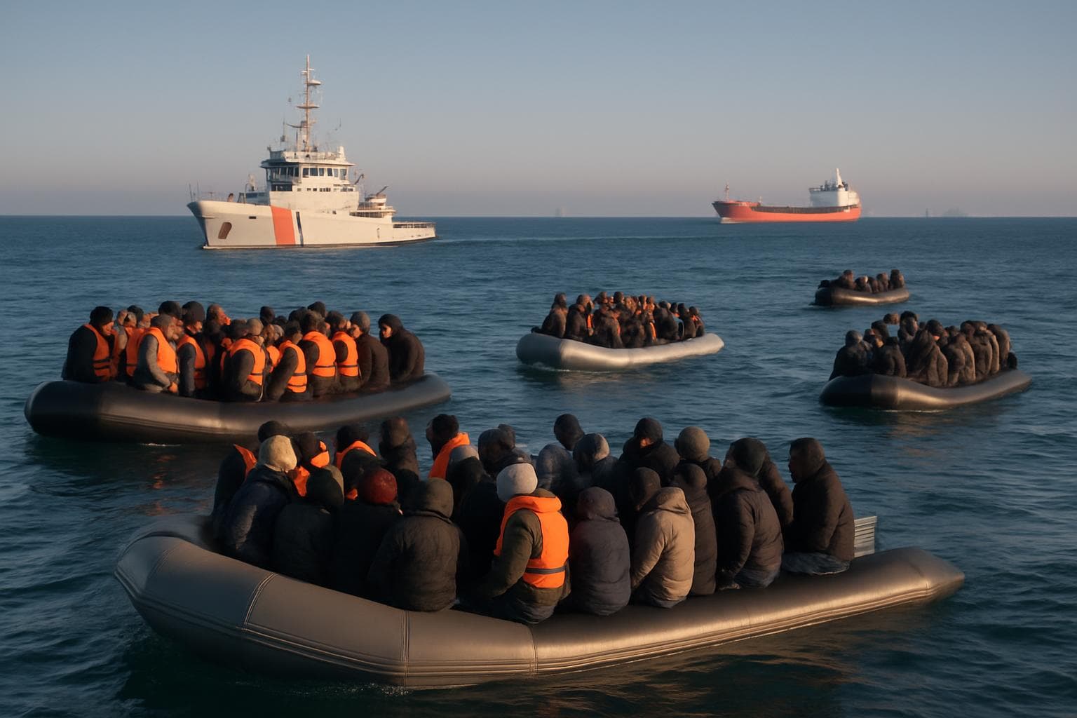 Small boats with migrants crossing the English Channel