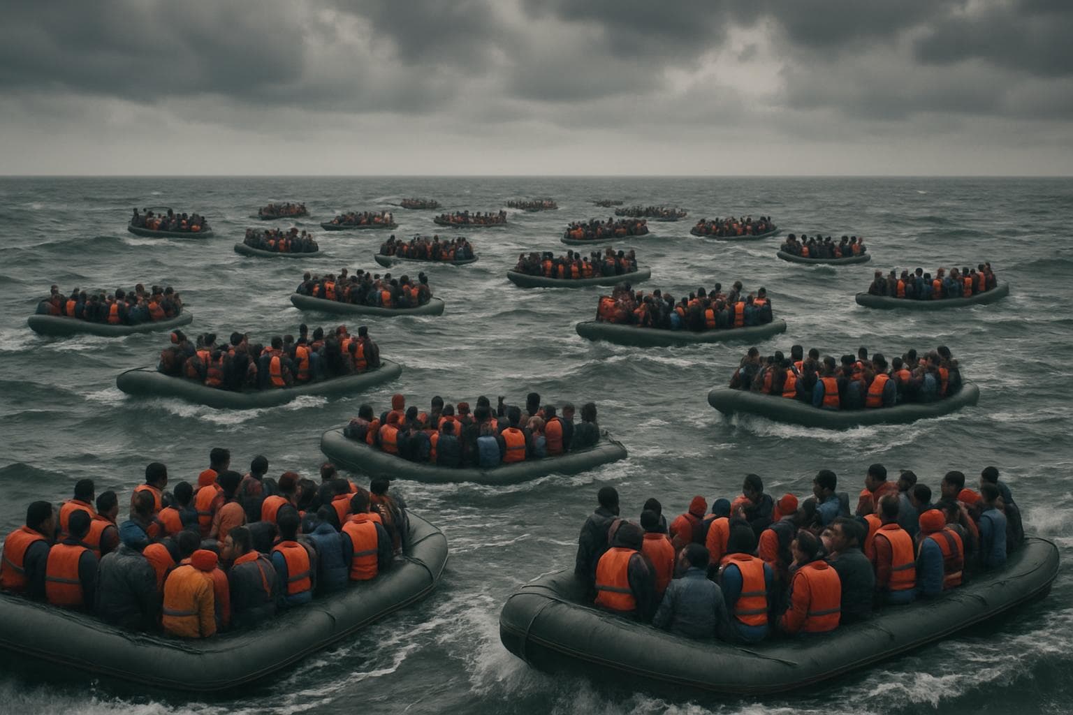 Small boats crossing a turbulent English Channel under clouds