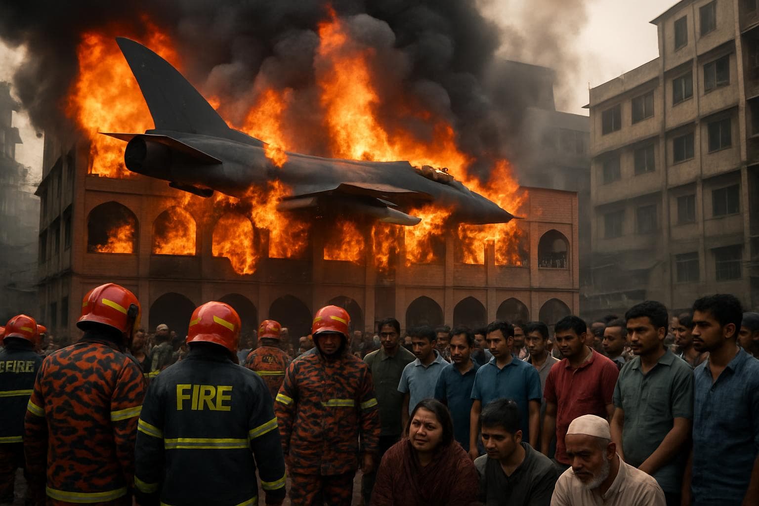 Military jet crash site at Dhaka school with flames and smoke