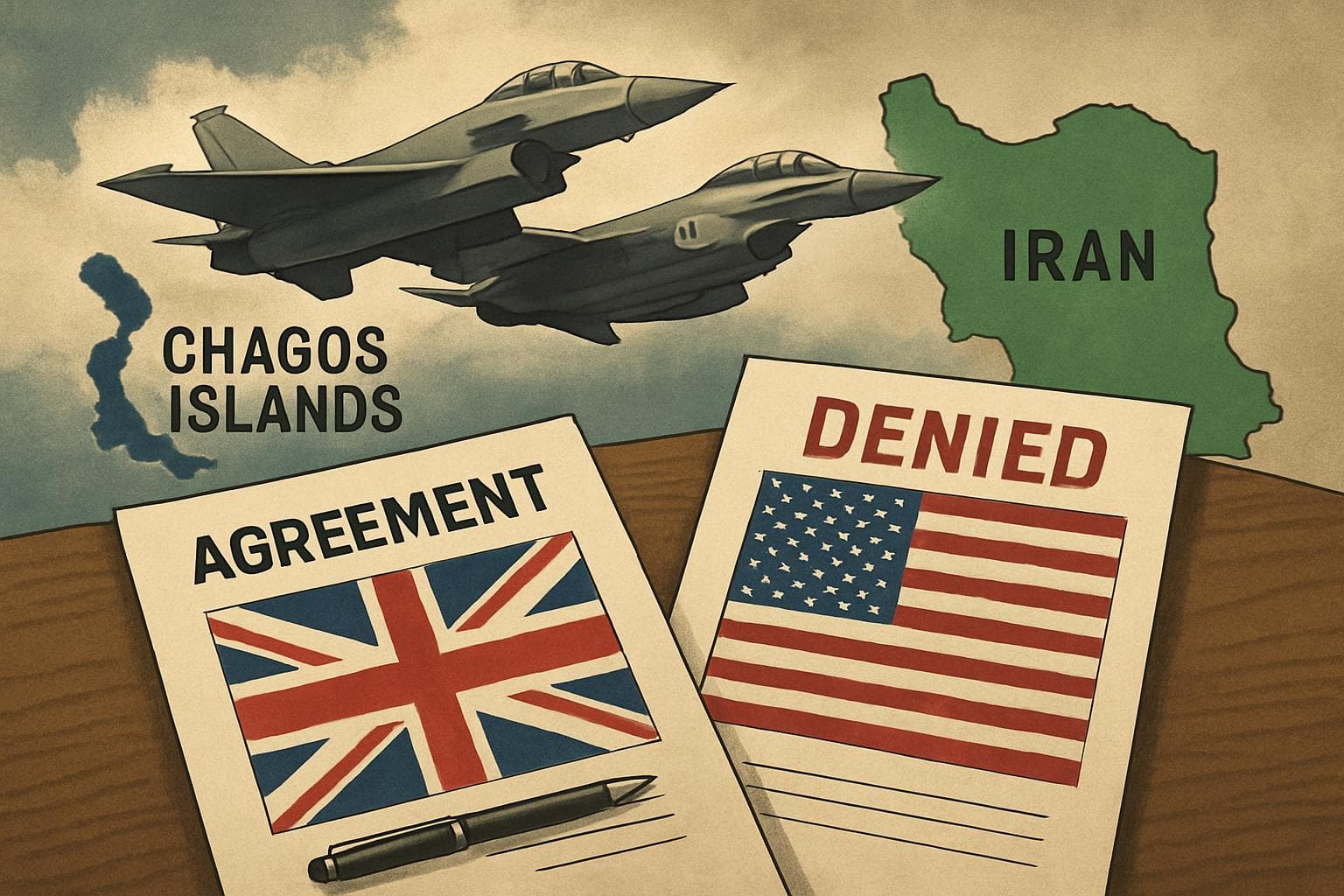 Military jets with UK and US flags over Chagos and Iran symbols