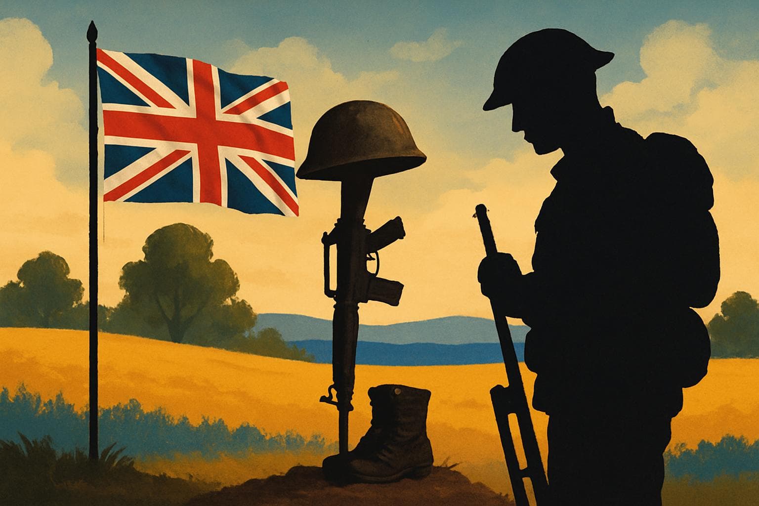 Military memorial with British flag and soldier silhouette in Ukraine