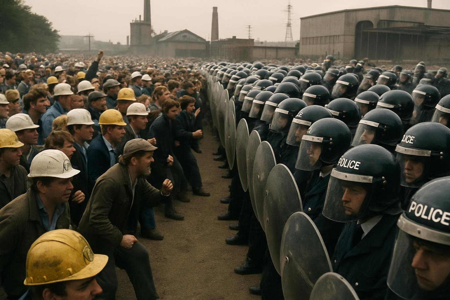 Miners and police in riot gear at Orgreave coking plant
