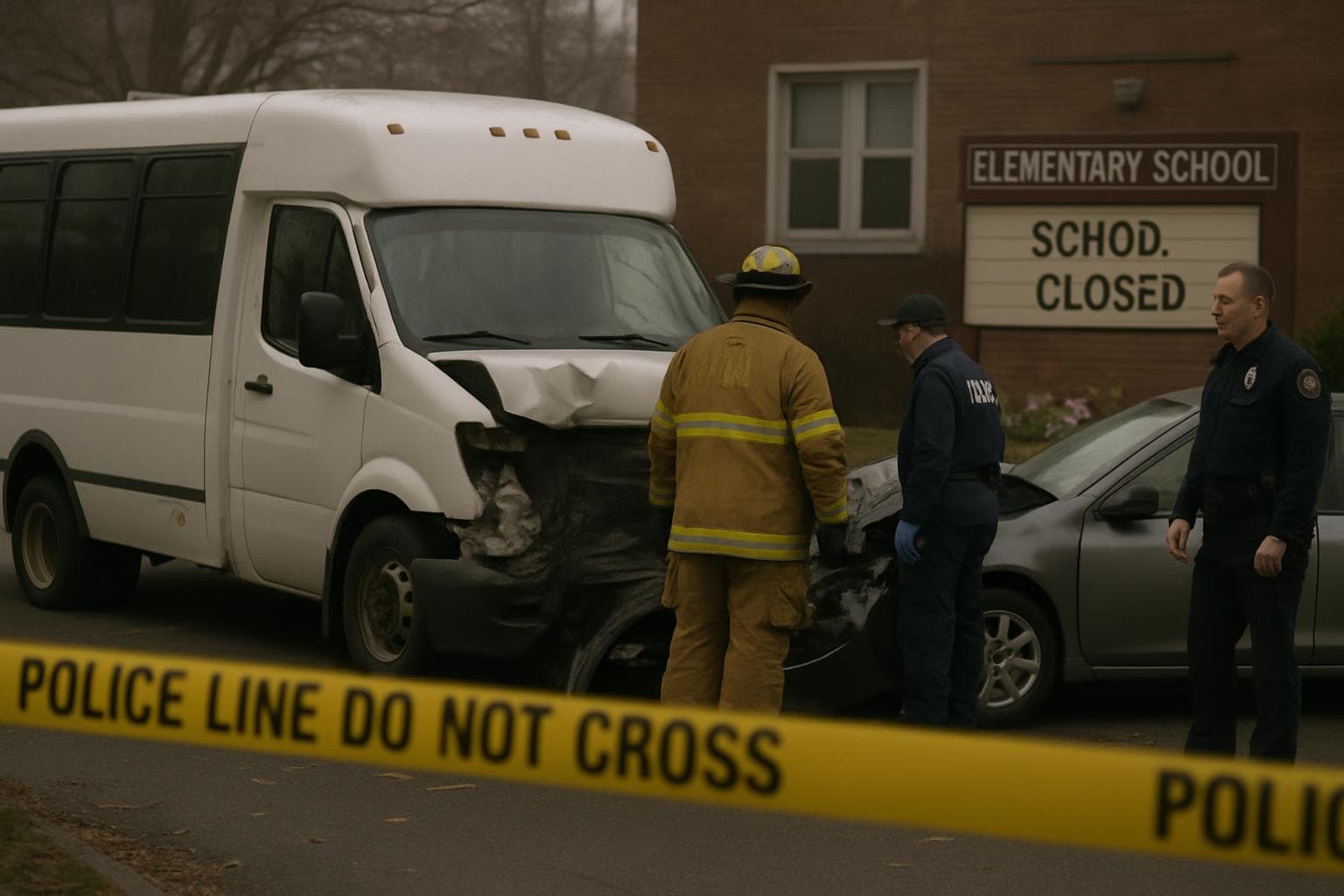 White minibus and small car collision near a school