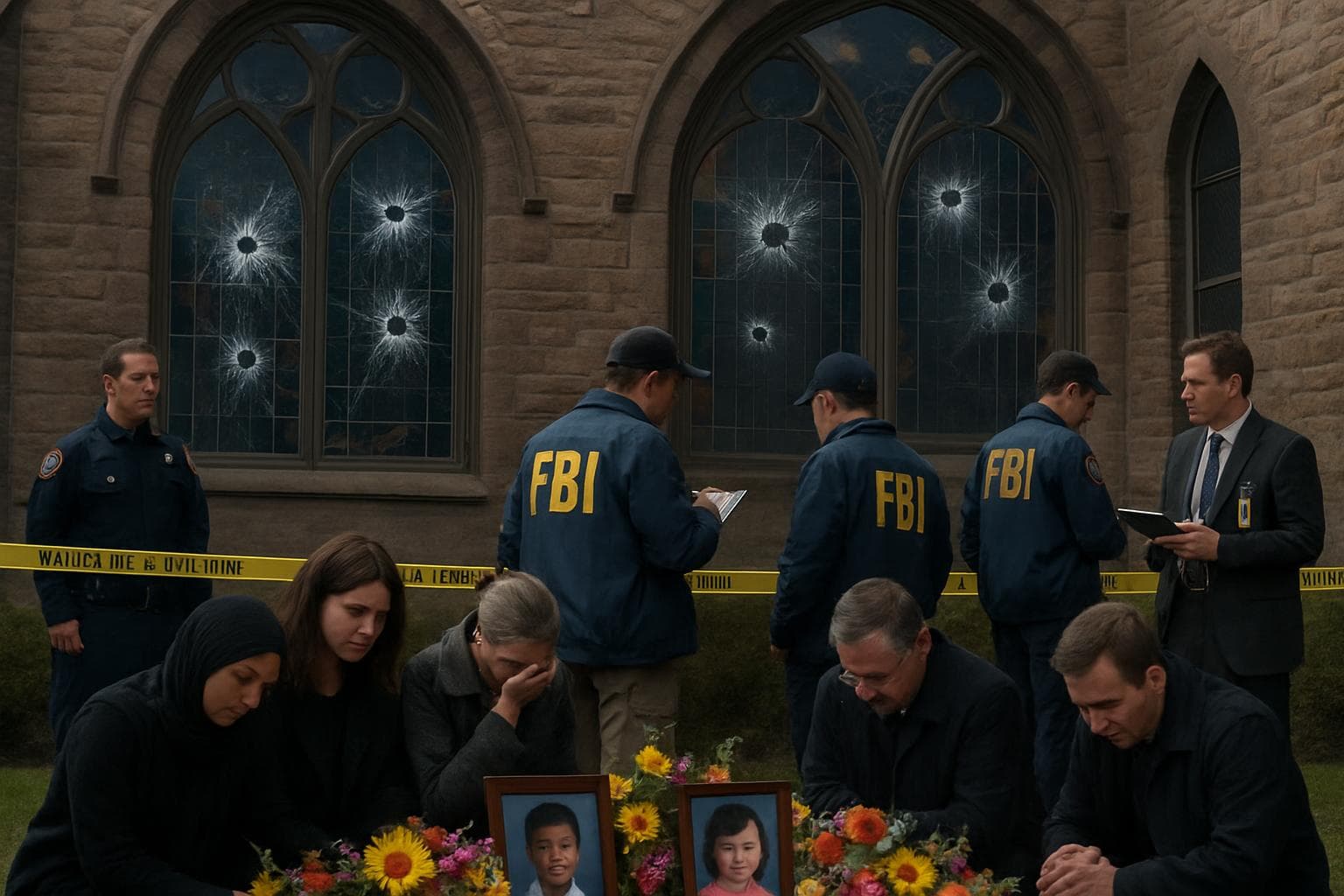 Shattered stained glass windows with bullet holes at Minneapolis church