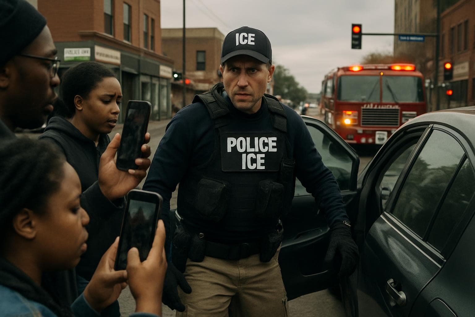 ICE agent in tactical gear beside vehicle with witnesses filming