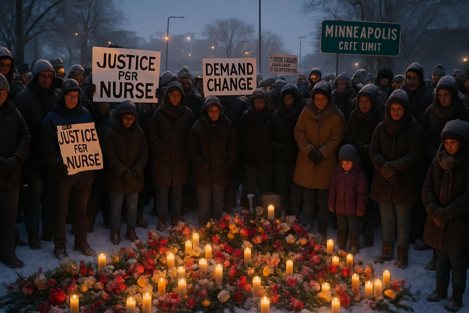 Community gathered around memorials with flowers and candles in snow