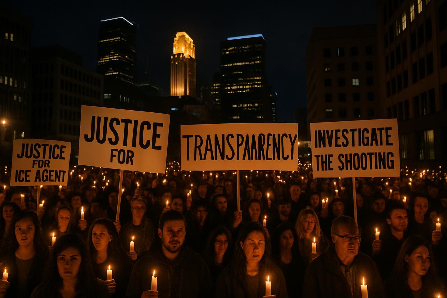 Nighttime protest in Minneapolis with candles and signs