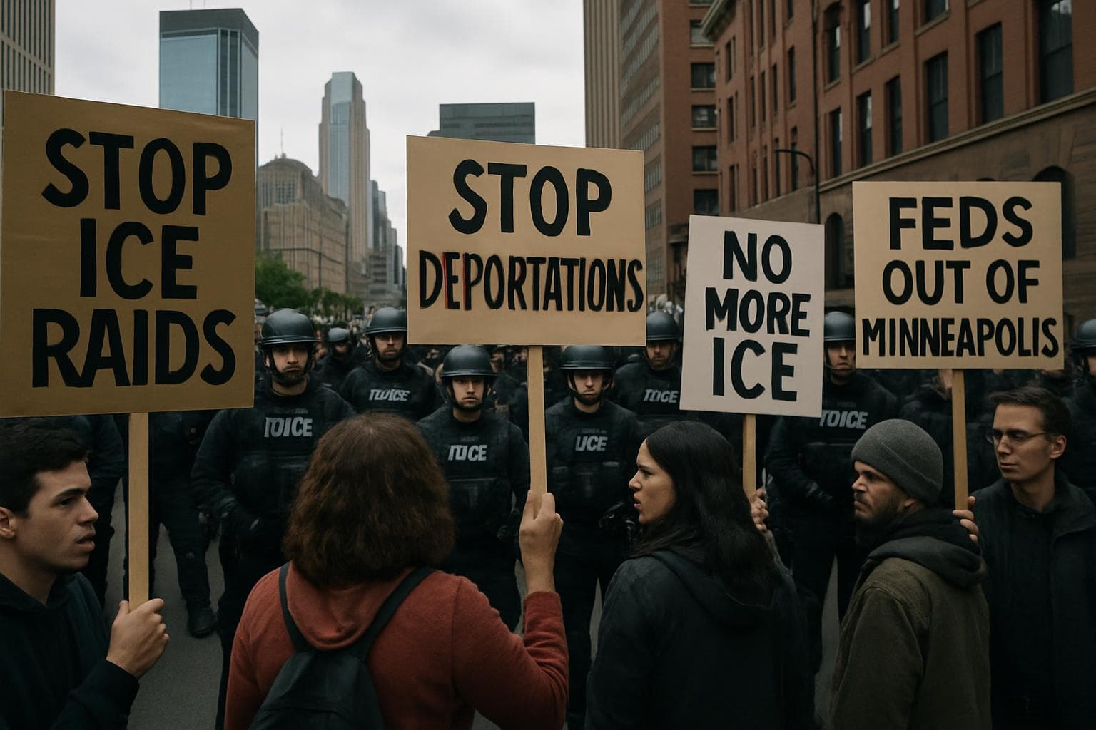 Protesters in Minneapolis holding signs against ICE