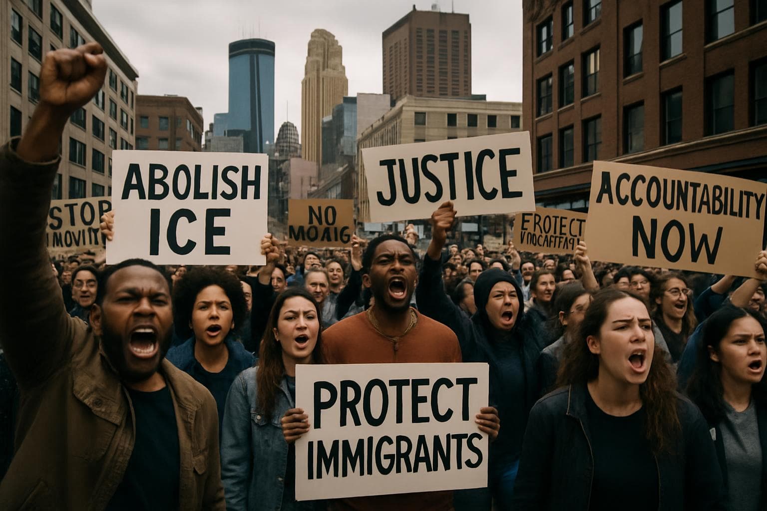 Diverse crowd protesting with signs in Minneapolis city