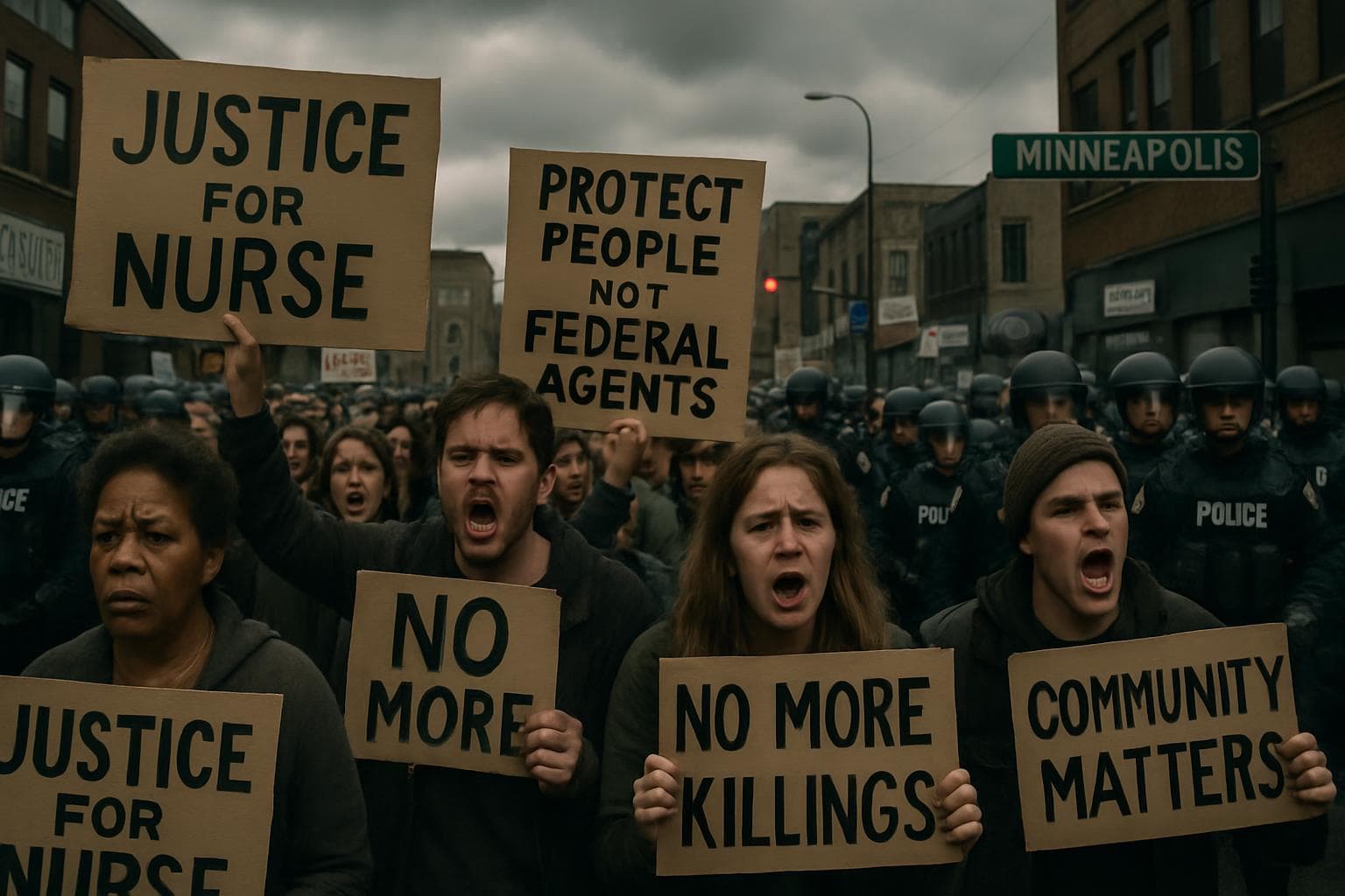 Protesters with signs in Minneapolis street amid police