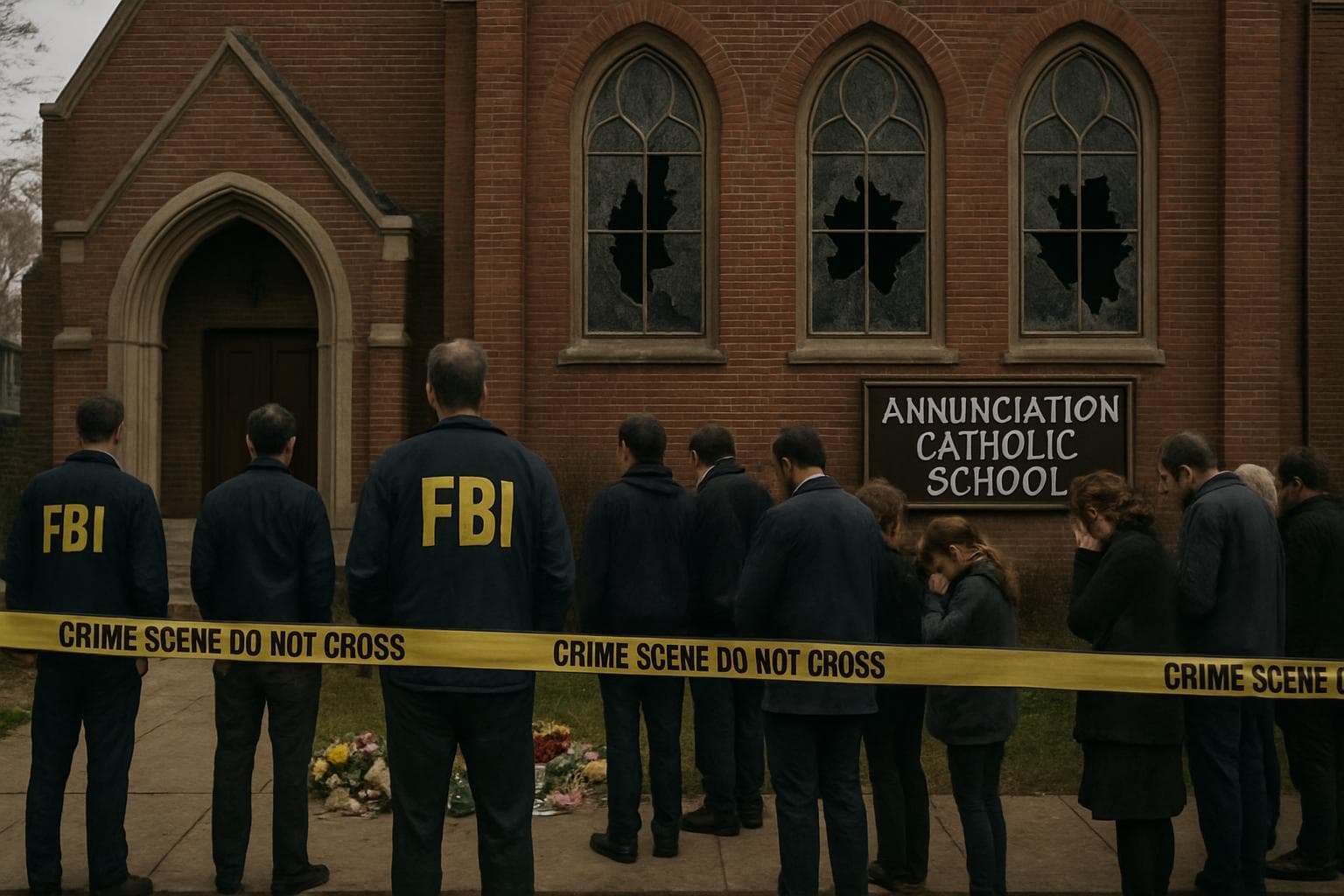 Annunciation Catholic School with broken windows and mourners