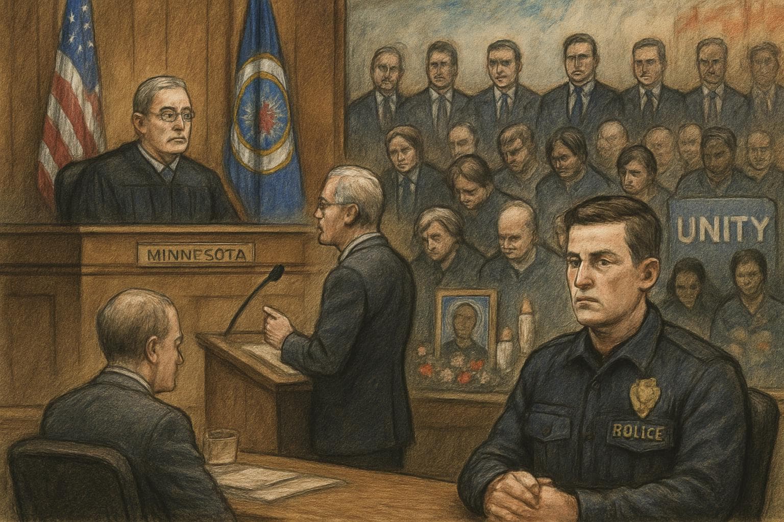 Courtroom scene with suspect dressed as fake police officer