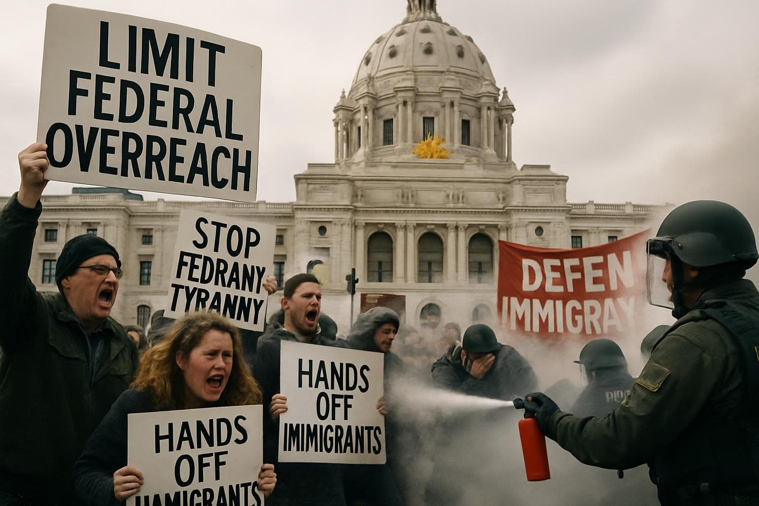 Protesters with signs facing federal agents using teargas