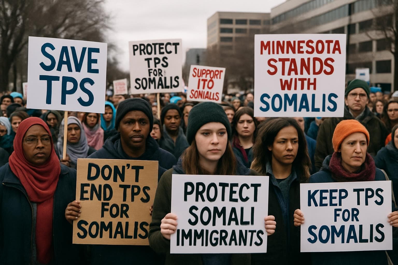 Protesters in Minnesota holding signs against ending TPS for Somalis