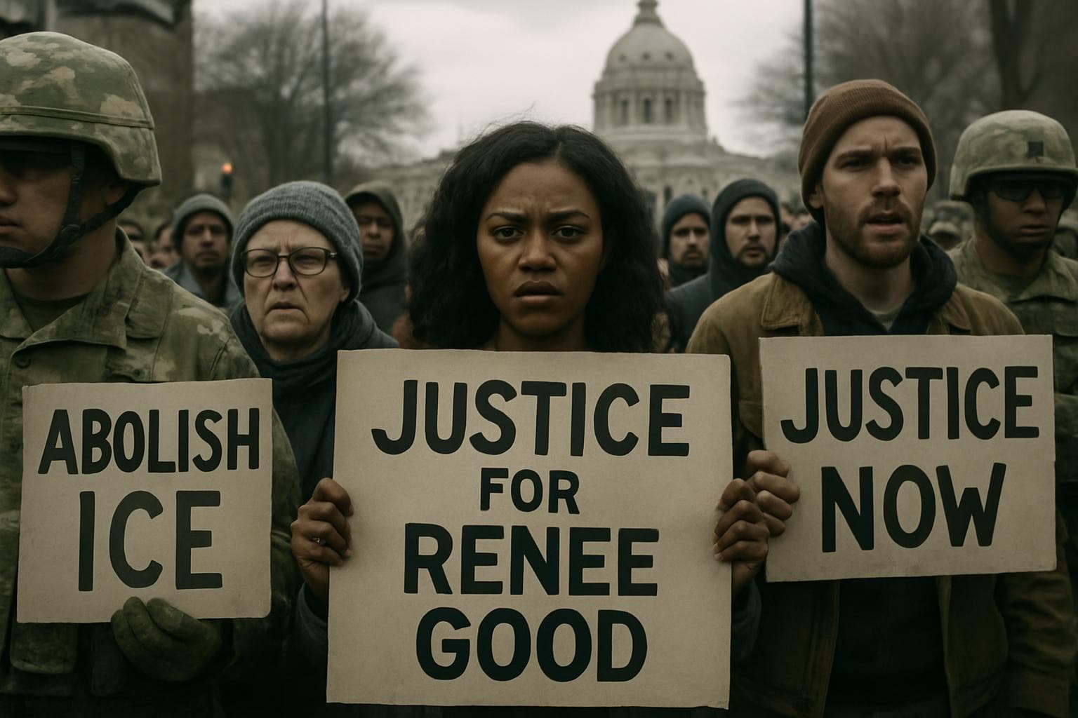 Protesters in Minnesota holding signs for Renee Good justice