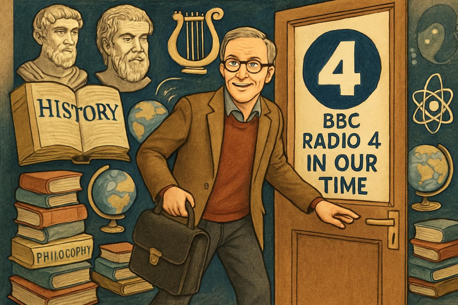 Misha Glenny in a radio studio with books and symbols