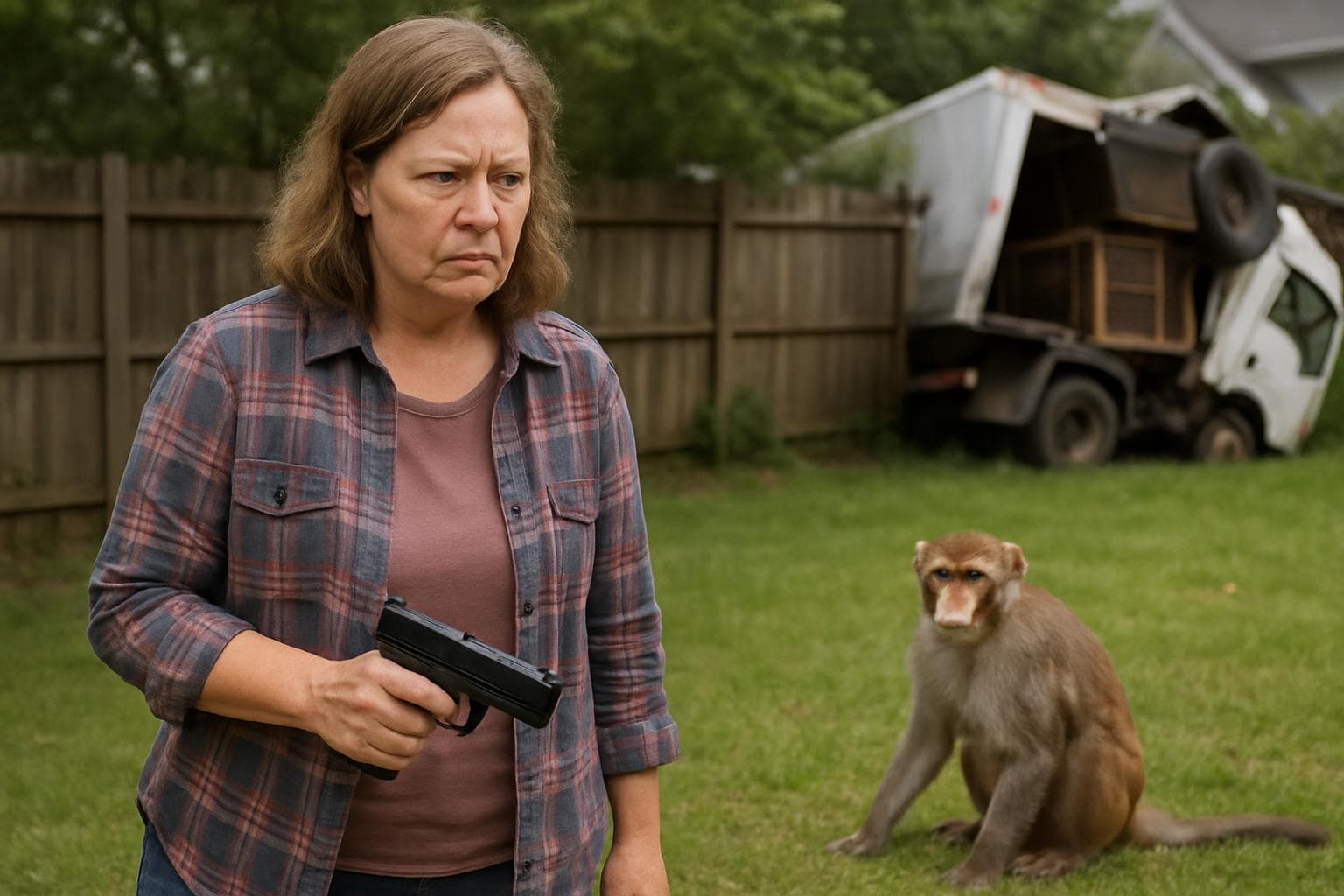 Mississippi mother holding a gun, watching a rhesus monkey in her backyard