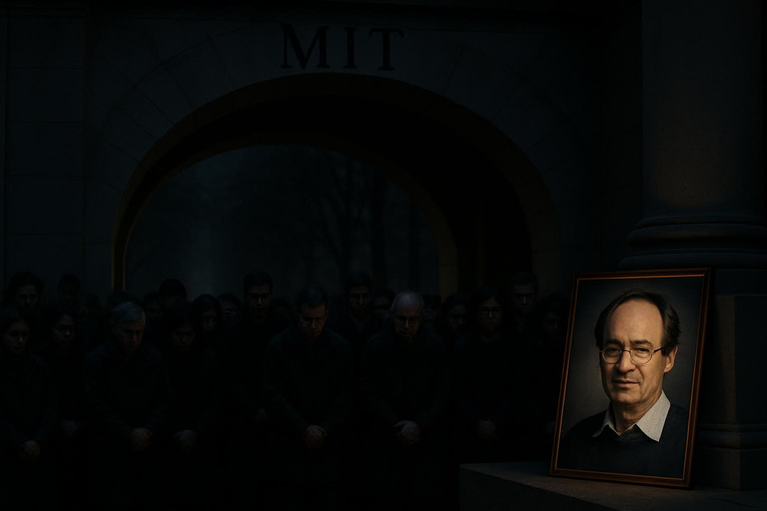 MIT community mourning under archway with scientist portrait
