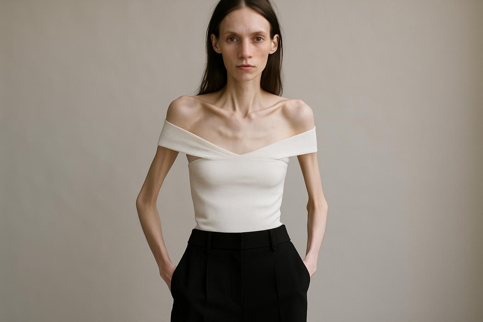 Model in black trousers and white off-the-shoulder top